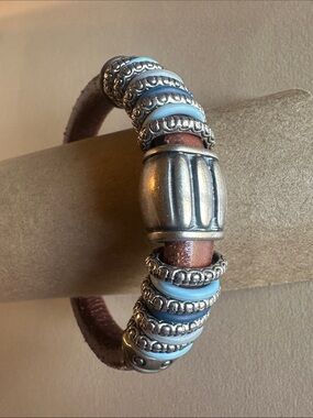 Hand Crafted Light Blue Enamel and Silver Leather Bracelet